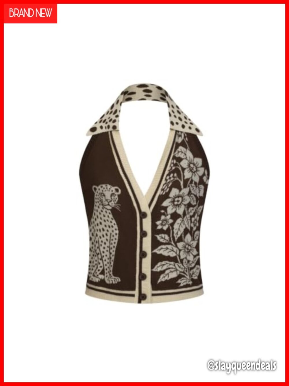 Knit Vest Top Sleeveless Button Down Cotton Tank Retro Leopard